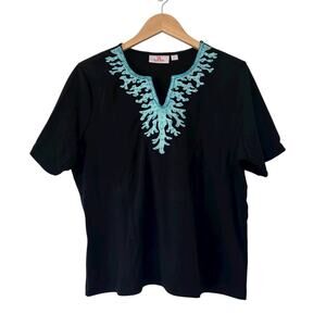 Quacker Factory Black Blue Embroidered Split Neck Shirt Sz L